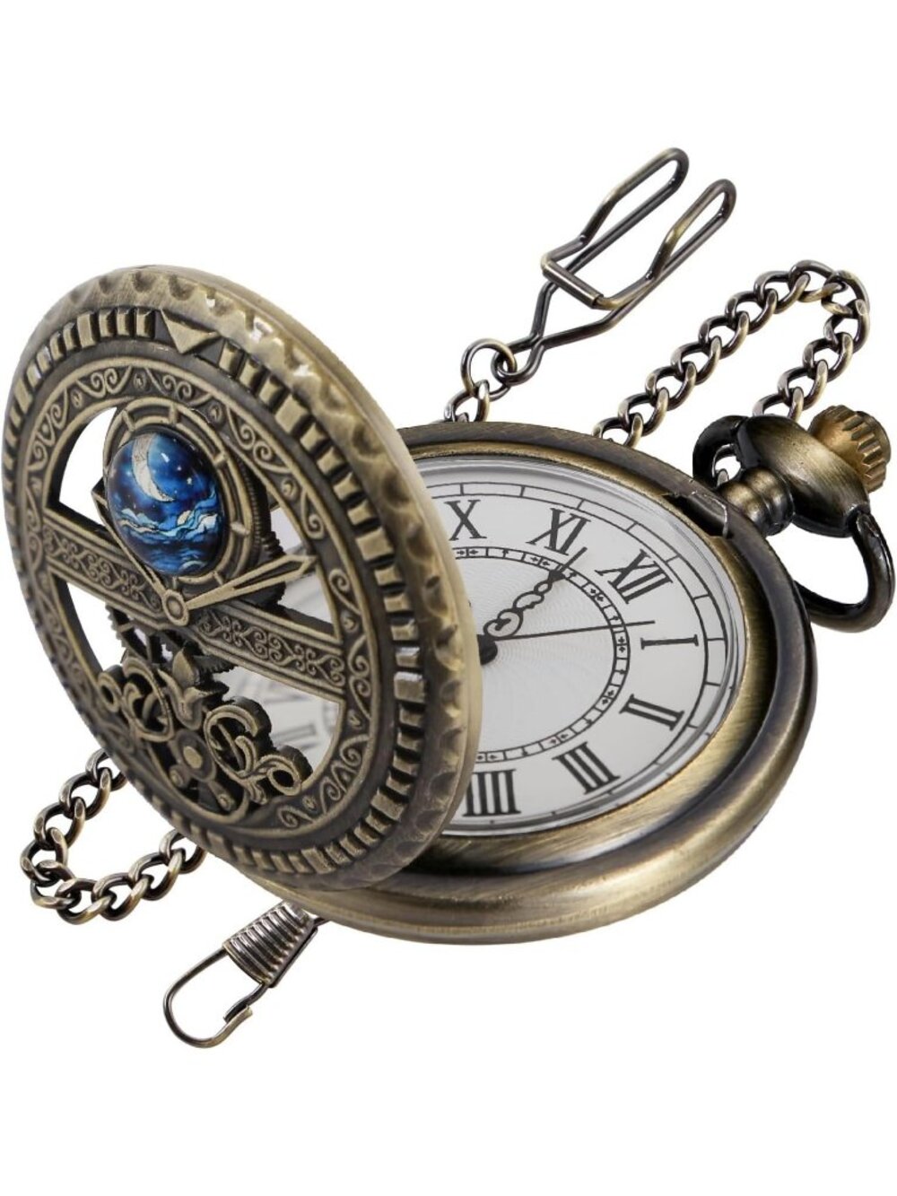 Men's Brown And Gold Analog Quartz Arabic Numeral Moon Phase Chain Pocket Watch